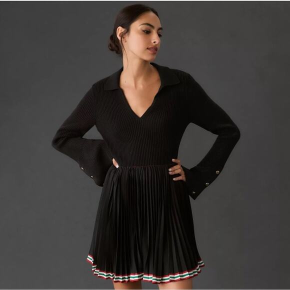 ANTHROPOLOGIE Maeve Black V-Neck Bell Sleeve Sweater Gold Button Size XXS NEW - Picture 2 of 10